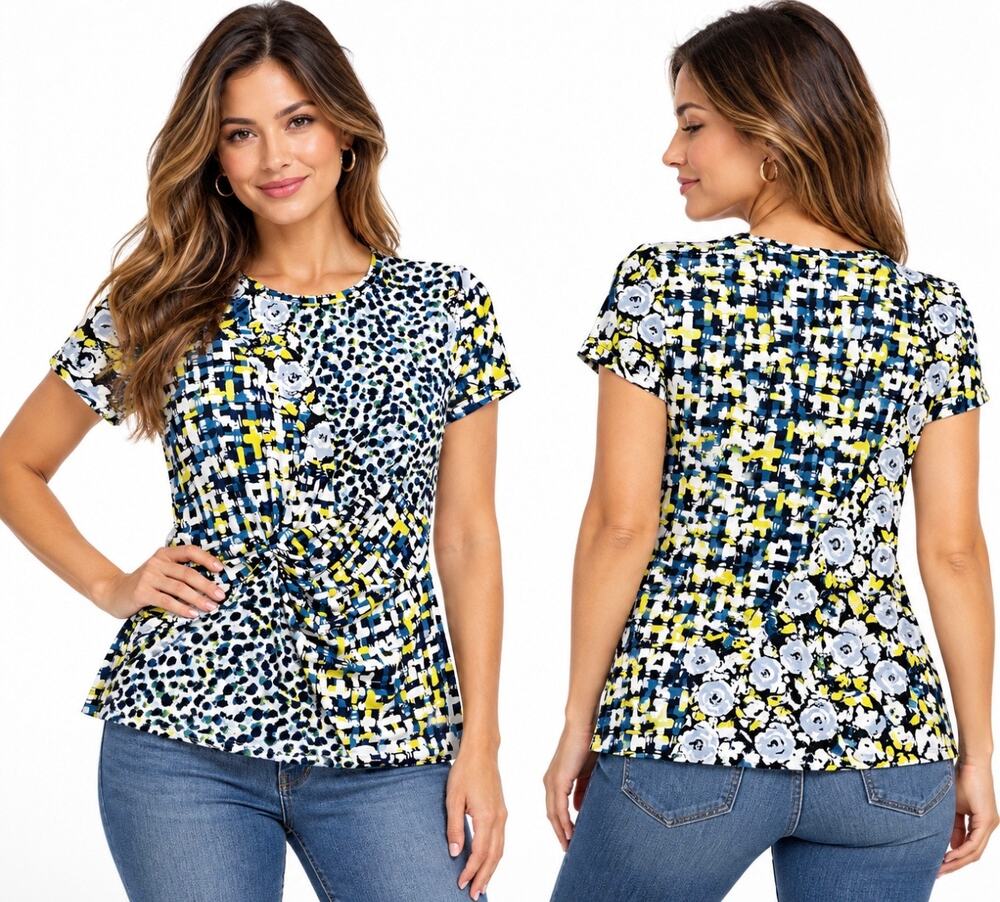 DKNY Womens Medium Twist Front Top Mixed Print Floral Abstract Blue Yellow